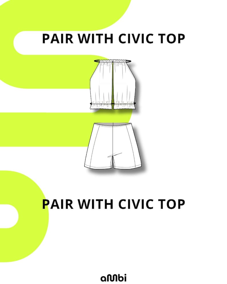 Pode incluir: Ilustra&ccedil;&atilde;o de moda de um conjunto de duas pe&ccedil;as. A parte de cima &eacute; um estilo halter com decote e bainha franzidos. Os cal&ccedil;&otilde;es s&atilde;o de cintura alta. O texto "PAIR WITH CIVIC TOP" &eacute; exibido acima e abaixo do conjunto. O logotipo Ambi est&aacute; na parte inferior.