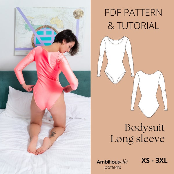 PDF Bodysuit, Leotard Long sleeve | Boat neck bodysuit pattern Womens bodysuit | Surf swimwear | Cosplay bodysuit pattern|Latex body pattern