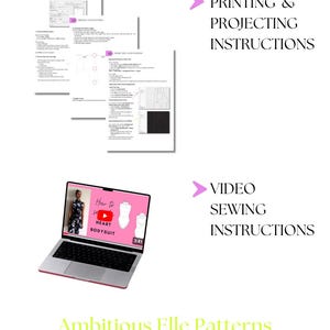 K&ouml;nnte beinhalten: Ein Laptop zeigt ein Video mit dem Titel "How to Sew HEART BODYSUIT" mit einer Laufzeit von 3:41. Das Bild zeigt auch gedruckte Anweisungen und den Text "PRINTING & PROJECTING INSTRUCTIONS" und "VIDEO SEWING INSTRUCTIONS". Der Markenname "Ambitious Elle Patterns" steht unten.
