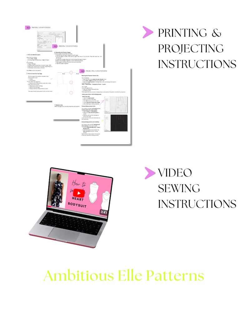 K&ouml;nnte beinhalten: Ein Laptop zeigt ein Video mit dem Titel "How to Sew HEART BODYSUIT" mit einer Laufzeit von 3:41. Das Bild zeigt auch gedruckte Anweisungen und den Text "PRINTING & PROJECTING INSTRUCTIONS" und "VIDEO SEWING INSTRUCTIONS". Der Markenname "Ambitious Elle Patterns" steht unten.