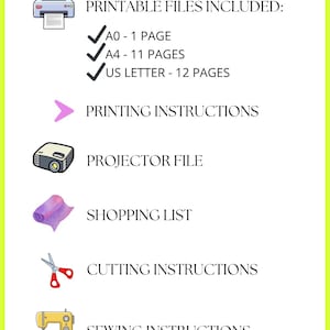 K&ouml;nnte beinhalten: Eine digitale Grafik mit einem limettengr&uuml;nen Rand zeigt einen Drucker, H&auml;kchen und Text. Der Text enth&auml;lt "DRUCKBARE DATEIEN ENTHALTEN: A0 - 1 SEITE, A4 - 11 SEITEN, US LETTER - 12 SEITEN." Zus&auml;tzlicher Text enth&auml;lt "DRUCKANLEITUNG, PROJEKTORDATEI, EINKAUFSLISTE, SCHNEIDEANLEITUNG, N&Auml;HANLEITUNG."