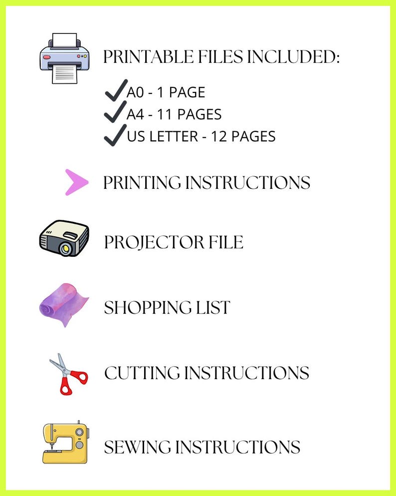 K&ouml;nnte beinhalten: Eine digitale Grafik mit einem limettengr&uuml;nen Rand zeigt einen Drucker, H&auml;kchen und Text. Der Text enth&auml;lt "DRUCKBARE DATEIEN ENTHALTEN: A0 - 1 SEITE, A4 - 11 SEITEN, US LETTER - 12 SEITEN." Zus&auml;tzlicher Text enth&auml;lt "DRUCKANLEITUNG, PROJEKTORDATEI, EINKAUFSLISTE, SCHNEIDEANLEITUNG, N&Auml;HANLEITUNG."