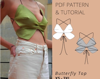 PDF Y2Κ Butterfly Bra Top Sewing Pattern, 2000s Crop Top Backless Lace-up | Y2K-inspired Butterfly Top Pattern, Butterfly Crop Top Pattern