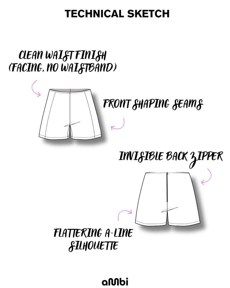 Pode incluir: Esbo&ccedil;o t&eacute;cnico de cal&ccedil;&otilde;es com acabamento de cintura limpo, costuras frontais de modelagem e z&iacute;per invis&iacute;vel nas costas. O design apresenta uma silhueta em linha A lisonjeira. O texto "TECHNICAL SKETCH" est&aacute; no topo.