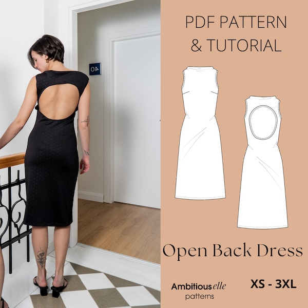 PDF Patrón de costura de vestido con espalda abierta, Patrón de vestido de verano, Patrón de vestido midi con espalda abierta recortada, Patrón de costura de vestido sin mangas