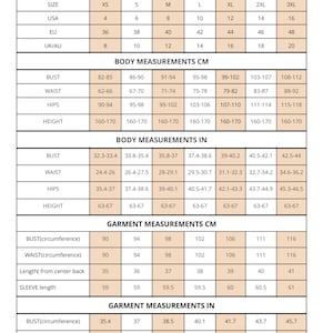 May include: A size chart for clothing patterns featuring columns for sizes XS through 3XL. It includes rows for USA, EU, and UK/AU sizing, followed by body and garment measurements in both centimeters and inches for bust, waist, hips, and sleeve length.