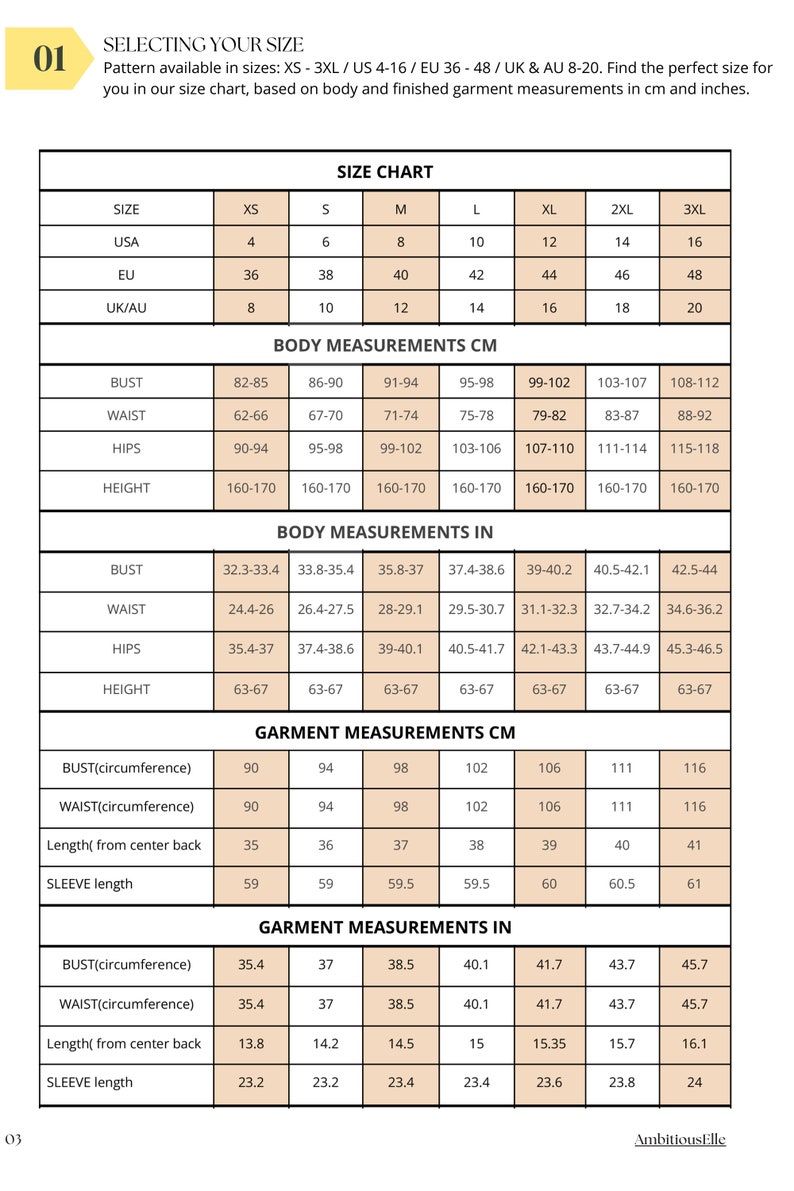 May include: A size chart for clothing patterns featuring columns for sizes XS through 3XL. It includes rows for USA, EU, and UK/AU sizing, followed by body and garment measurements in both centimeters and inches for bust, waist, hips, and sleeve length.