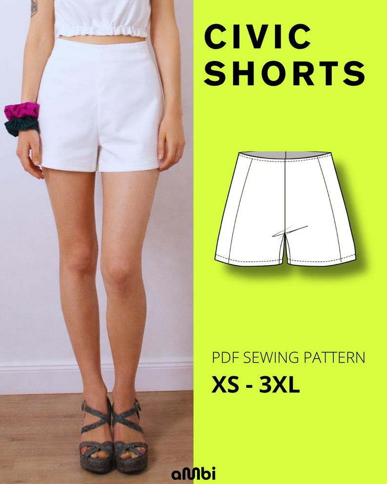 Pode incluir: Cal&ccedil;&otilde;es brancos de cintura alta com um top a condizer. A imagem inclui um diagrama dos cal&ccedil;&otilde;es e o texto "CIVIC SHORTS" e "PDF SEWING PATTERN XS - 3XL" num fundo verde lima. A modelo usa sand&aacute;lias de plataforma.