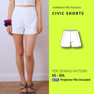Hoch taillierte maßgeschneiderte Shorts Schnittmuster PDF, Invisible Zipper, Women XS-3XL A4 A0 Projector Bild 1