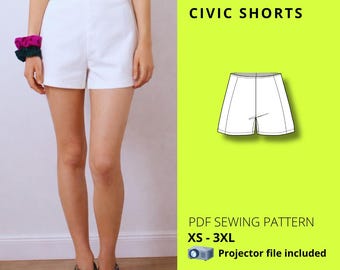 High Waisted Tailored Shorts Sewing Pattern PDF, Invisible Zipper, Women XS-3XL A4 A0 Projector