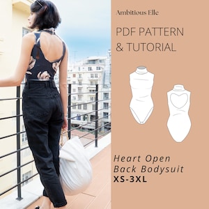 PDF Heart Bodysuit Sewing Pattern | Open Back Bodysuit | Sleeveless Bodysuit Pattern | High Cut PDF Pattern | Women&#39;s Leotard Sewing Pattern