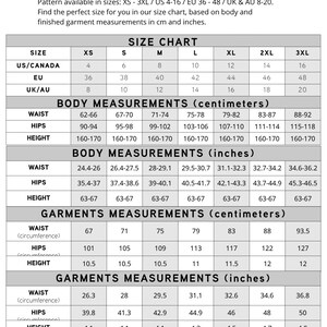 Pode incluir: Uma tabela de tamanhos com medidas em cent&iacute;metros e polegadas. A tabela inclui tamanhos XS a 3XL, com os tamanhos correspondentes dos EUA/Canad&aacute;, UE e Reino Unido/AU. Detalha as medidas do corpo e das pe&ccedil;as para cintura, quadris e altura.