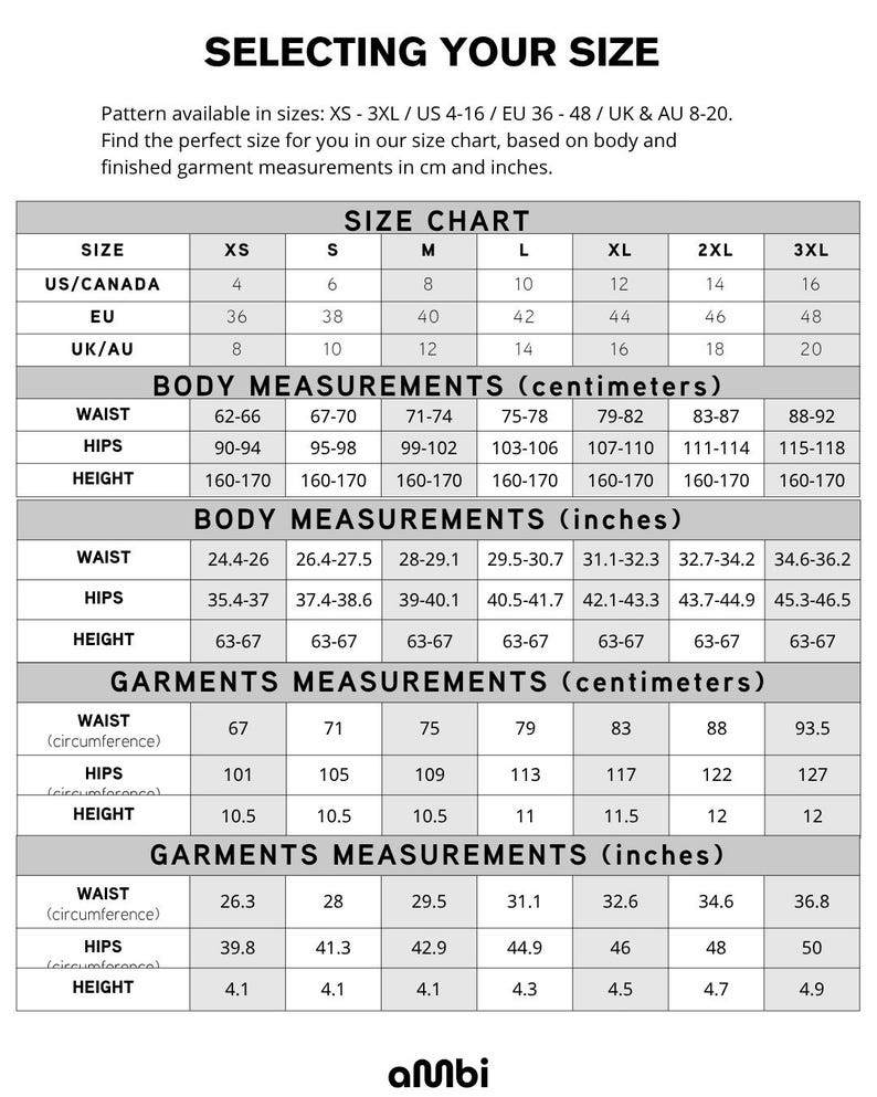 Pode incluir: Uma tabela de tamanhos com medidas em cent&iacute;metros e polegadas. A tabela inclui tamanhos XS a 3XL, com os tamanhos correspondentes dos EUA/Canad&aacute;, UE e Reino Unido/AU. Detalha as medidas do corpo e das pe&ccedil;as para cintura, quadris e altura.