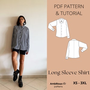 PDFLong Sleeve Shirt Sewing Pattern | Regular Fit Shirt Pattern | Button Through Shirt Pattern | Collar Shirt Pattern | Women Shirt Sewing