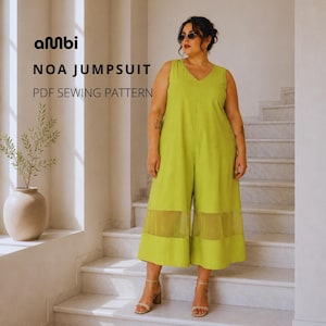 May include: A sleeveless, lime green jumpsuit with a V-neck and wide legs. The lower legs feature a sheer panel. The text "ambi NOA JUMPSUIT PDF SEWING PATTERN" is displayed in black. The model is wearing sunglasses and beige heels.