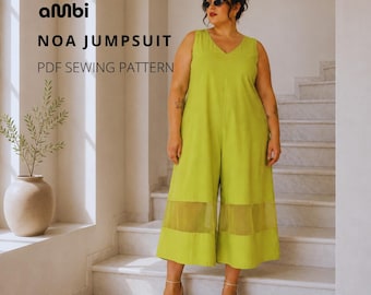 Sleeveless Culottes Jumpsuit Sewing Pattern: Wide Leg Trousers (PDF)