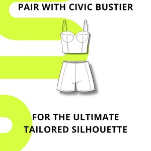 Pode incluir: Um top bustier branco e cal&ccedil;&otilde;es a condizer s&atilde;o exibidos sobre um fundo branco. O texto "PAIR WITH CIVIC BUSTIER" e "FOR THE ULTIMATE TAILORED SILHOUETTE" est&aacute; em preto. Uma forma verde brilhante est&aacute; atr&aacute;s do texto.