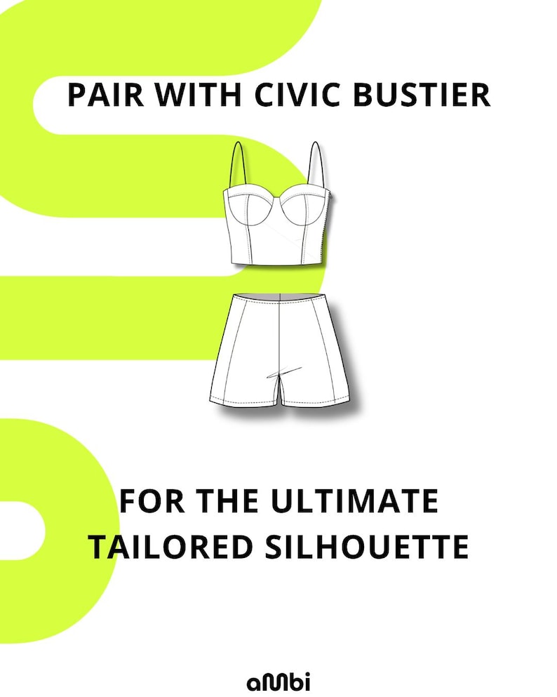 Pode incluir: Um top bustier branco e cal&ccedil;&otilde;es a condizer s&atilde;o exibidos sobre um fundo branco. O texto "PAIR WITH CIVIC BUSTIER" e "FOR THE ULTIMATE TAILORED SILHOUETTE" est&aacute; em preto. Uma forma verde brilhante est&aacute; atr&aacute;s do texto.