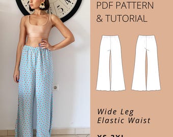 PDF Sewing Pattern: Wide Leg Elastic Waist Trousers (XS-3XL Beginner Level)