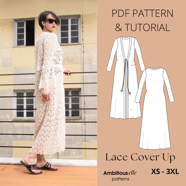 PDF Lace Tunic Sewing Pattern | Maxi Cover-Up Pattern | Lace Cover-Up Pattern | Beach Dress Sewing Pattern | Open Front Dress Pattern