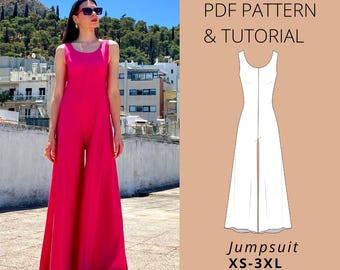 Wide Leg jumpsuit round neckline | Sewing Pattern | Made for knitted / stretch fabrics