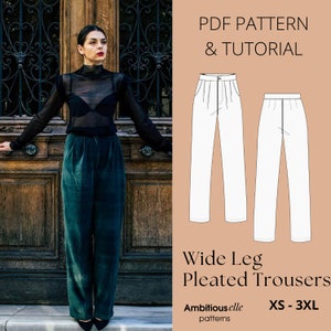 Wide Leg Pleated Trousers Sewing Pattern: Medium Rise (PDF)
