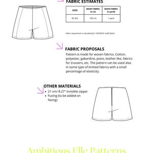 K&ouml;nnte beinhalten: Eine technische Zeichnung von Shorts mit Stoffsch&auml;tzungen und Materialvorschl&auml;gen. Das Bild enth&auml;lt einen Stoffbedarf von 100 cm und einen 21 cm langen, unsichtbaren Rei&szlig;verschluss. Der Text lautet "Ambitious Elle Patterns."