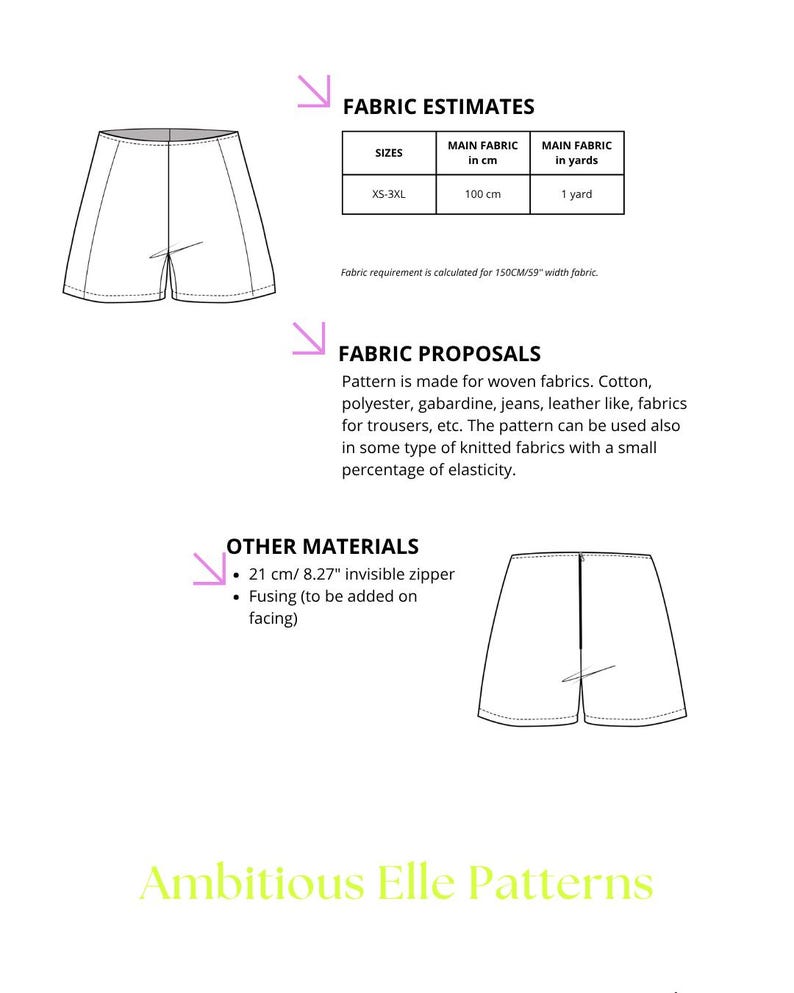 K&ouml;nnte beinhalten: Eine technische Zeichnung von Shorts mit Stoffsch&auml;tzungen und Materialvorschl&auml;gen. Das Bild enth&auml;lt einen Stoffbedarf von 100 cm und einen 21 cm langen, unsichtbaren Rei&szlig;verschluss. Der Text lautet "Ambitious Elle Patterns."