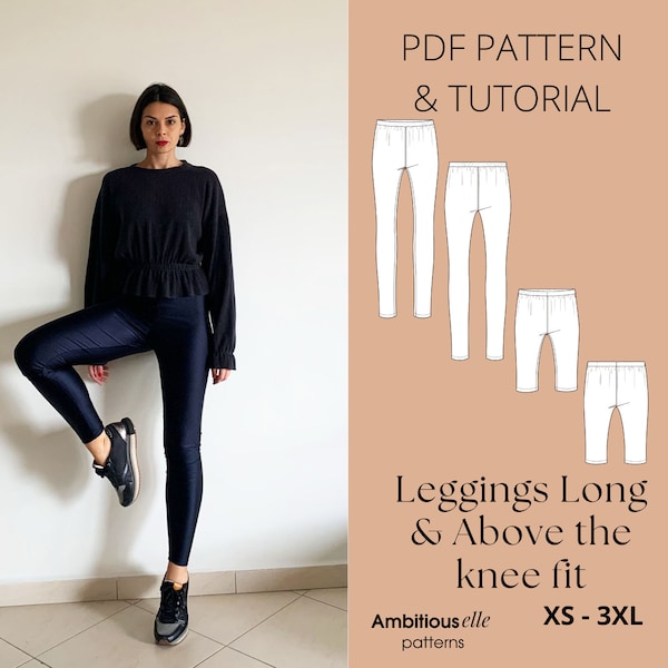 PDF Leggings Sewing Pattern | PDF Long fit leggings | Biker leggings sewing pattern | Ankle hem leggings | Above the knee leggings pattern