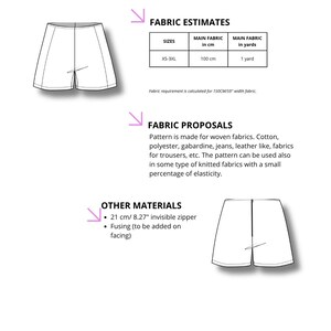 Pode incluir: Uma lista de compras branca com um diagrama de cal&ccedil;&otilde;es, estimativas de tecido e propostas de tecido. A lista inclui os requisitos de tecido em cm e jardas, e outros materiais, como um fecho invis&iacute;vel de 21 cm.