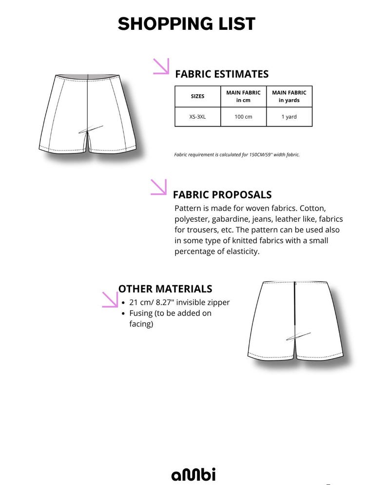 Pode incluir: Uma lista de compras branca com um diagrama de cal&ccedil;&otilde;es, estimativas de tecido e propostas de tecido. A lista inclui os requisitos de tecido em cm e jardas, e outros materiais, como um fecho invis&iacute;vel de 21 cm.