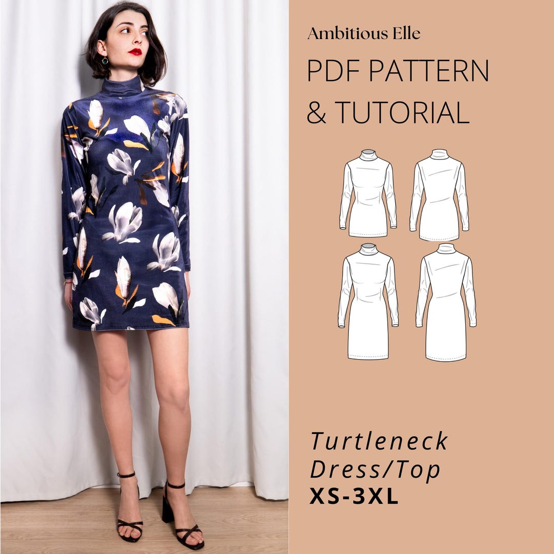 Turtleneck Mini Dress Top Sewing Pattern Long Sleeve Bodycon