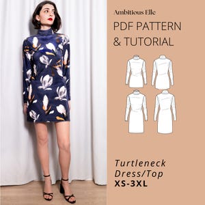 Mini-robe à col roulé et patron de couture | Moulante à manches longues (Patron PDF)