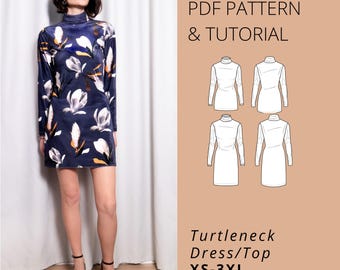 PDF Turtleneck Dress Sewing Pattern | Close fitting Mini Dress Pattern |Long Sleeve Bodycon Dress PDF | Turtleneck Close Fitting Top Pattern
