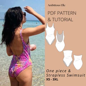 Op de afbeelding: Een vrouw draagt een roze en paars patroon badpak op het strand. De afbeelding bevat een PDF-patroon en een tutorial voor een eendelig en strapless badpak, maten XS-3XL.