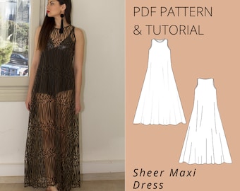 Sheer Maxi Dress Sewing Pattern: Sleeveless A-Line Kaftan (PDF)