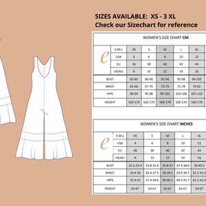 May include: A size chart for women's clothing with measurements in centimeters and inches. The chart includes sizes XS to 3XL and lists measurements for bust, waist, hips, and height.