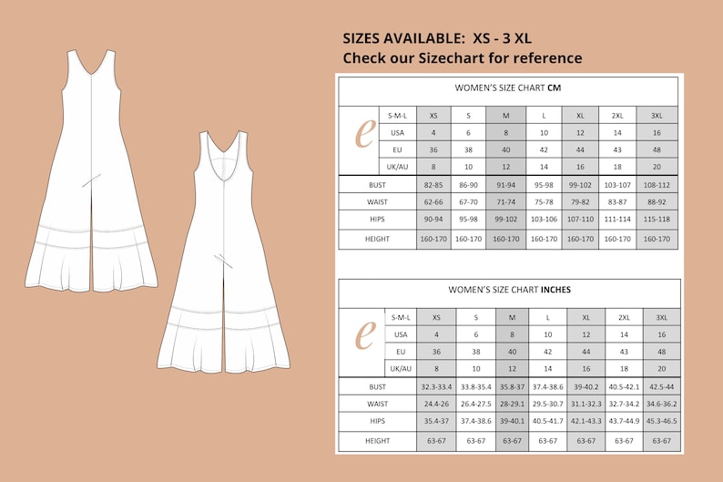May include: A size chart for women's clothing with measurements in centimeters and inches. The chart includes sizes XS to 3XL and lists measurements for bust, waist, hips, and height.