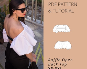 PDF Naaipatroon crop top met ruches voor dames | Patroon top met ruches | Top met ballonmouwen | Lantaarnblouse | Off-shoulder top | Gepofte top