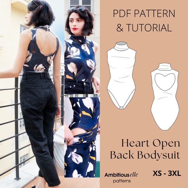 PDF Heart Bodysuit Sewing Pattern | Open Back Bodysuit | Sleeveless Bodysuit Pattern | High Cut PDF Pattern | Women's Leotard Sewing Pattern