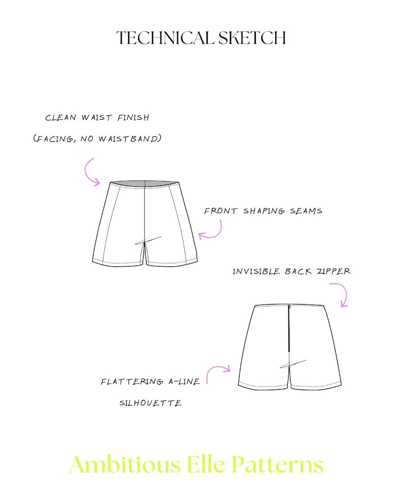 Hoch taillierte maßgeschneiderte Shorts Schnittmuster PDF, Invisible Zipper, Women XS-3XL A4 A0 Projector Bild 2