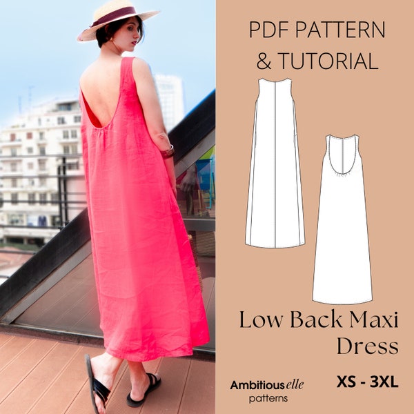 PDF Backless Dress Sewing Pattern | Low Back Dress Sewing for beginners | Maxi dress pattern loose fit with pockets | Comfortable Dress PDF