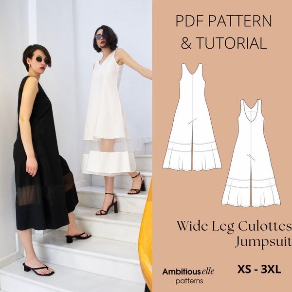 PDF Patron de couture de combinaison-culotte | Patron de couture pour combinaison sans manches | PDF - Patron de jupe-culotte de pantalon large | Des modèles Elle ambitieux