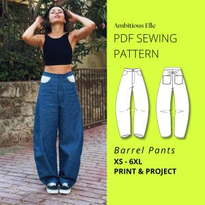 Patrón de costura para pantalones de barril: cierre de cremallera y cinturilla / Jeans de forma redonda PDF Impresión y costura con proyector