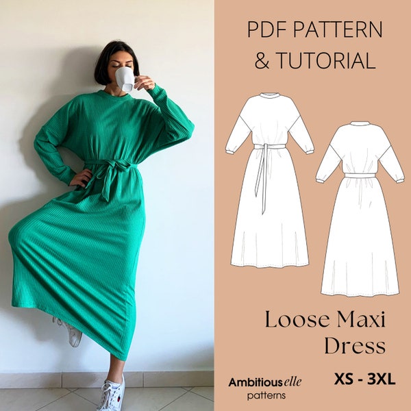 PDF Loose Maxi Dress Sewing Pattern | Oversized Dress Pattern |Pregnancy, Maternity Sewing Pattern | Tie Waist Dress Knitted Sewing Pattern