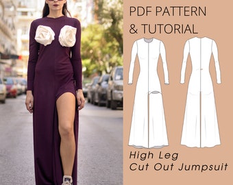 Knit Jumpsuit Sewing Pattern: Rose Detail, Thigh Slit (A4, US Letter, A0) (Digital Download)