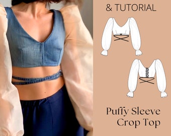 PDF Wrap Around Crop Top Sewing Pattern | Puff Sleeve Crop Top Sewing Pattern | Party Wear Sewing Pattern | PDF Blouse with Puffy Sleeves