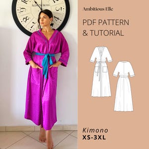 PDF Kimono Style Sewing Pattern | Wrap Dress Sewing Pattern | Maxi Dress Sewing Pattern | Belted Cover-Up Pattern | PDF Satin Robe Pattern