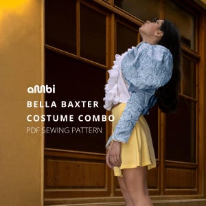 May include: A PDF sewing pattern titled AMBI BELLA BAXTER COSTUME COMBO. The image displays a garment featuring a white ruffled bodice, light blue textured puff sleeves with a floral pattern, and a plain yellow skirt, shown from the side profile.
