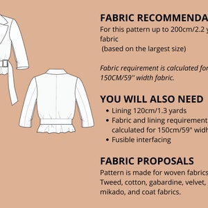 Peut inclure: Un dessin au trait d'une veste crois&eacute;e pour femme avec un d&eacute;tail de volant en bas. L'image comprend du texte avec des recommandations et des exigences de tissu pour le patron.